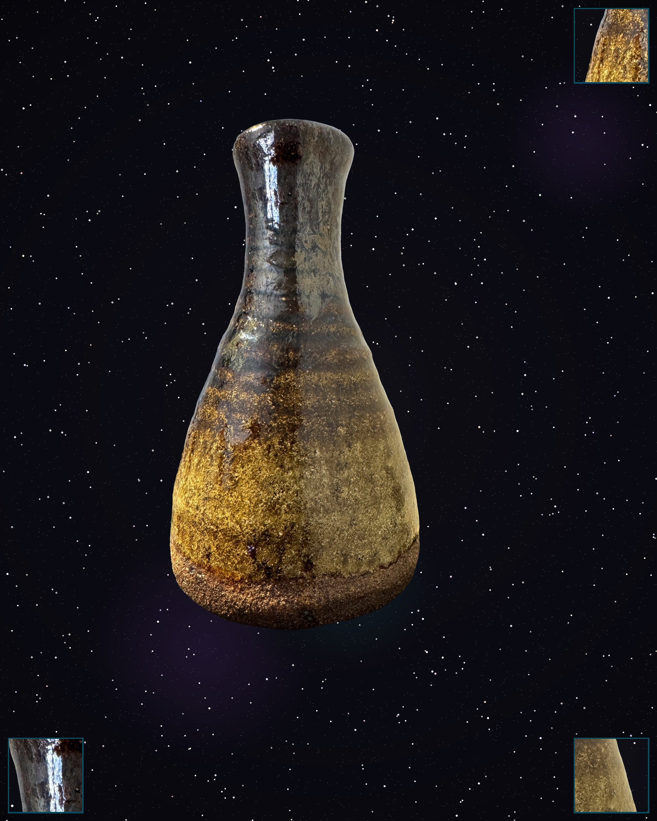 Bitum-os-5 handmade ceramic vessel with anthracite constellations and warm sienna carbon trap shino glaze
