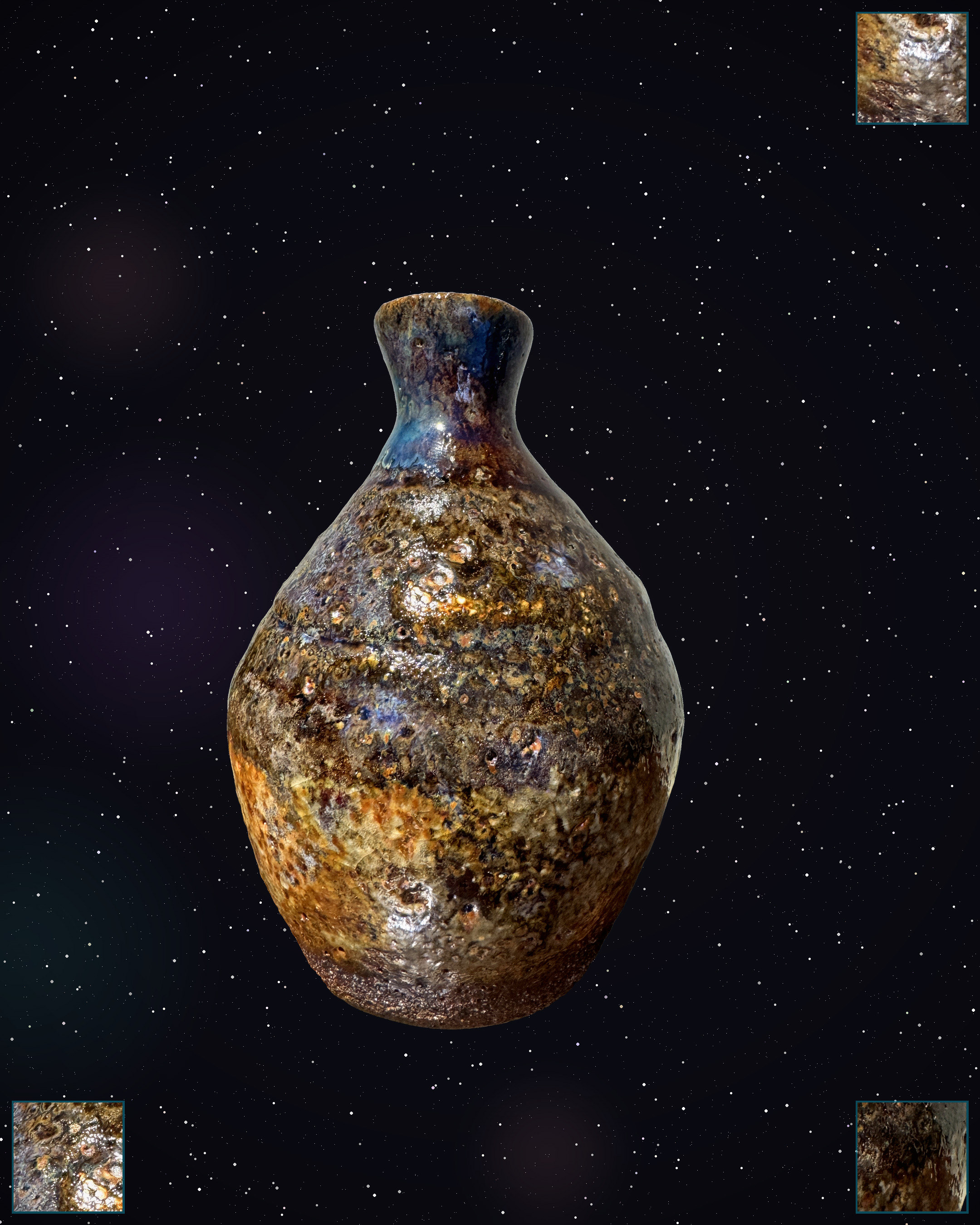 Cupr-ex-6 handmade stoneware vessel — Metallic veins pulse with copper and bronze luster across stratified canyons.