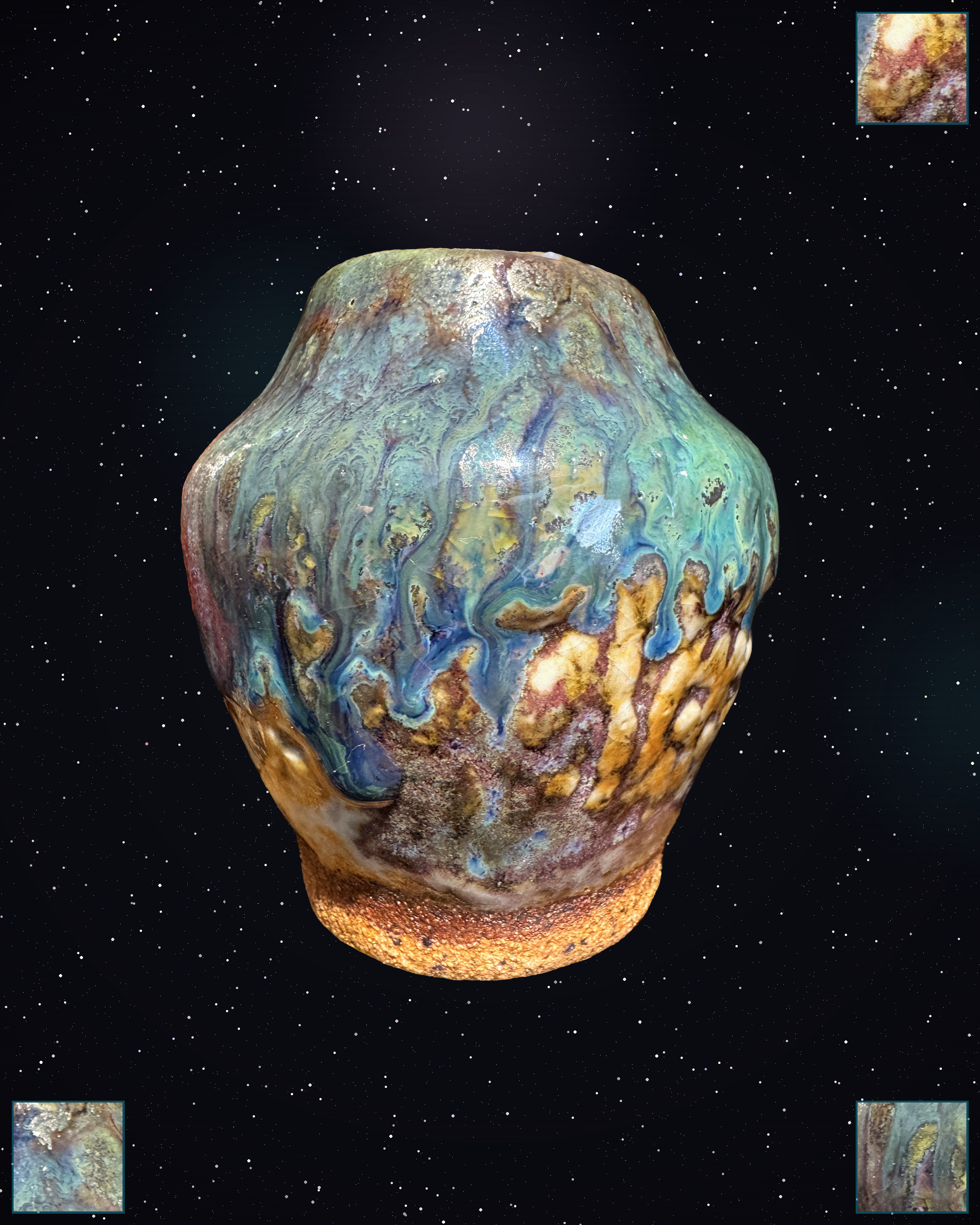 Krel-ex-3 handmade ceramic vessel with cobalt-blue canyon and biological amber glaze