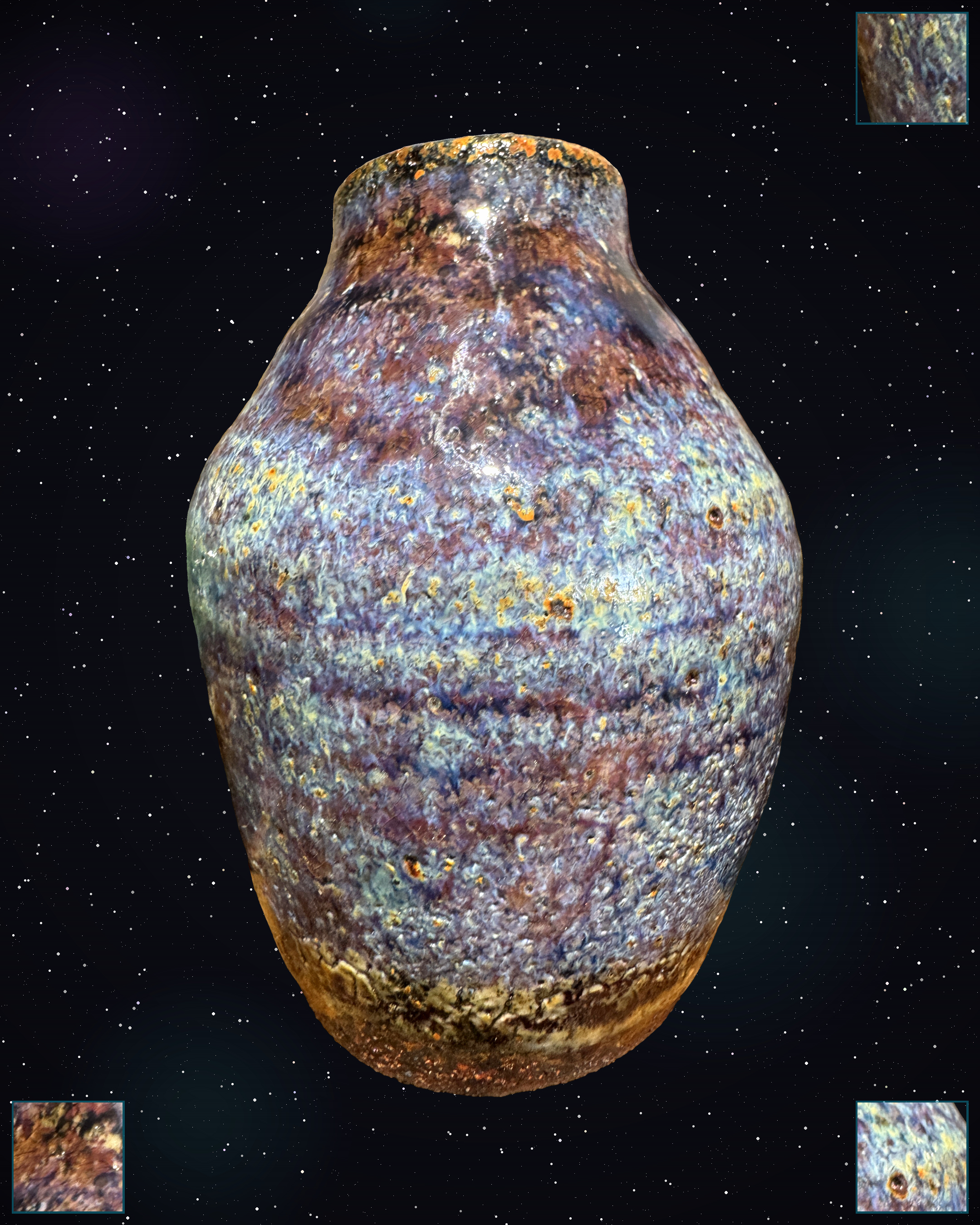 Nex-un-3 handmade ceramic vessel with mineral pools and metallic veins in chun blue