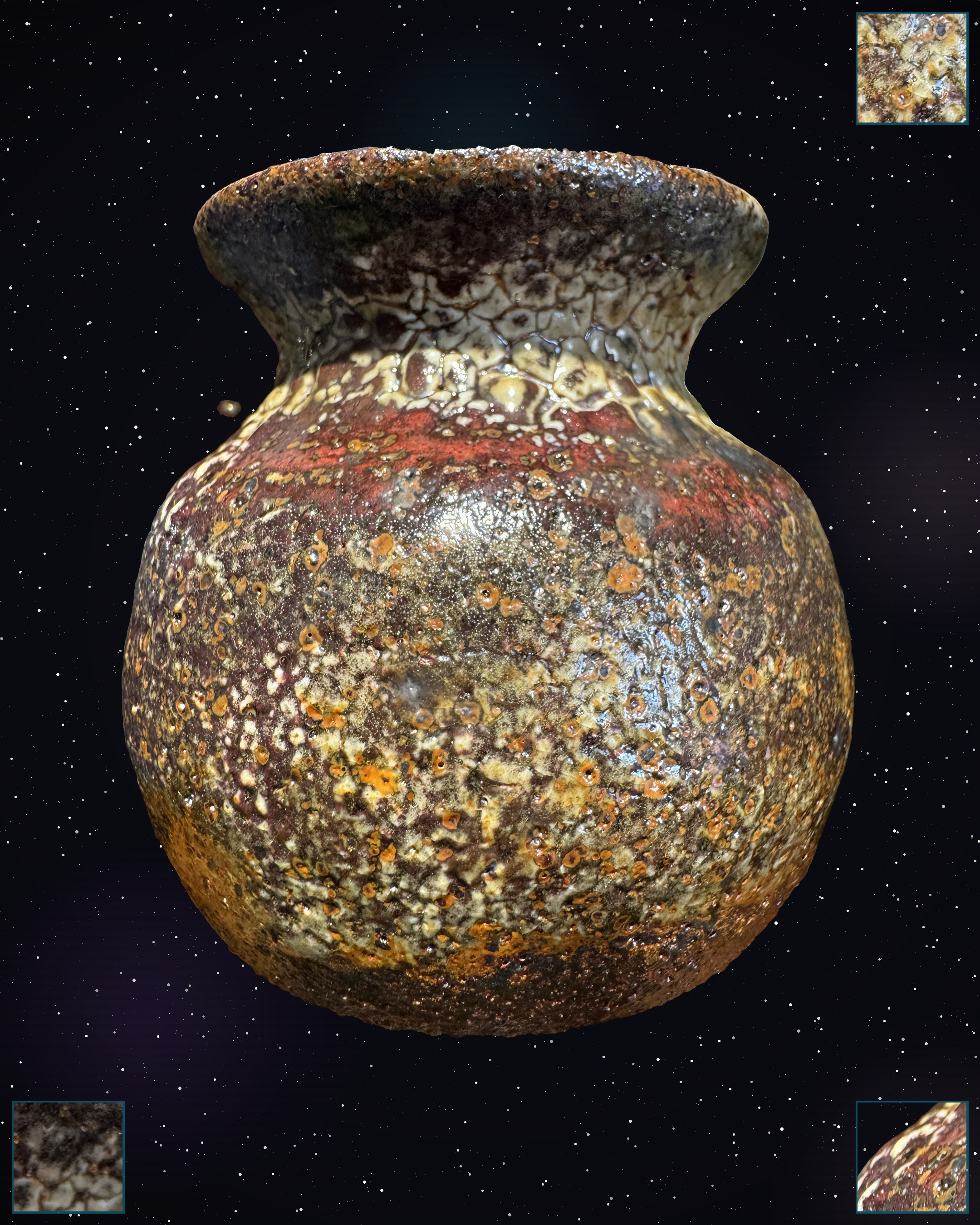 Pyr-os-8 handmade ceramic vessel with iron-manganese metallic crater glaze